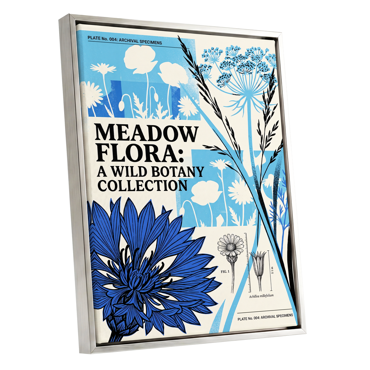 Meadow Archive, blue, black, beige floral wall art shown as a silver framed canvas wall art