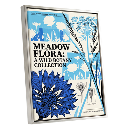 Meadow Archive, blue, black, beige floral wall art shown as a silver framed canvas wall art