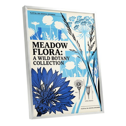 Meadow Archive, blue, black, beige floral wall art shown as a silver framed poster wall art print