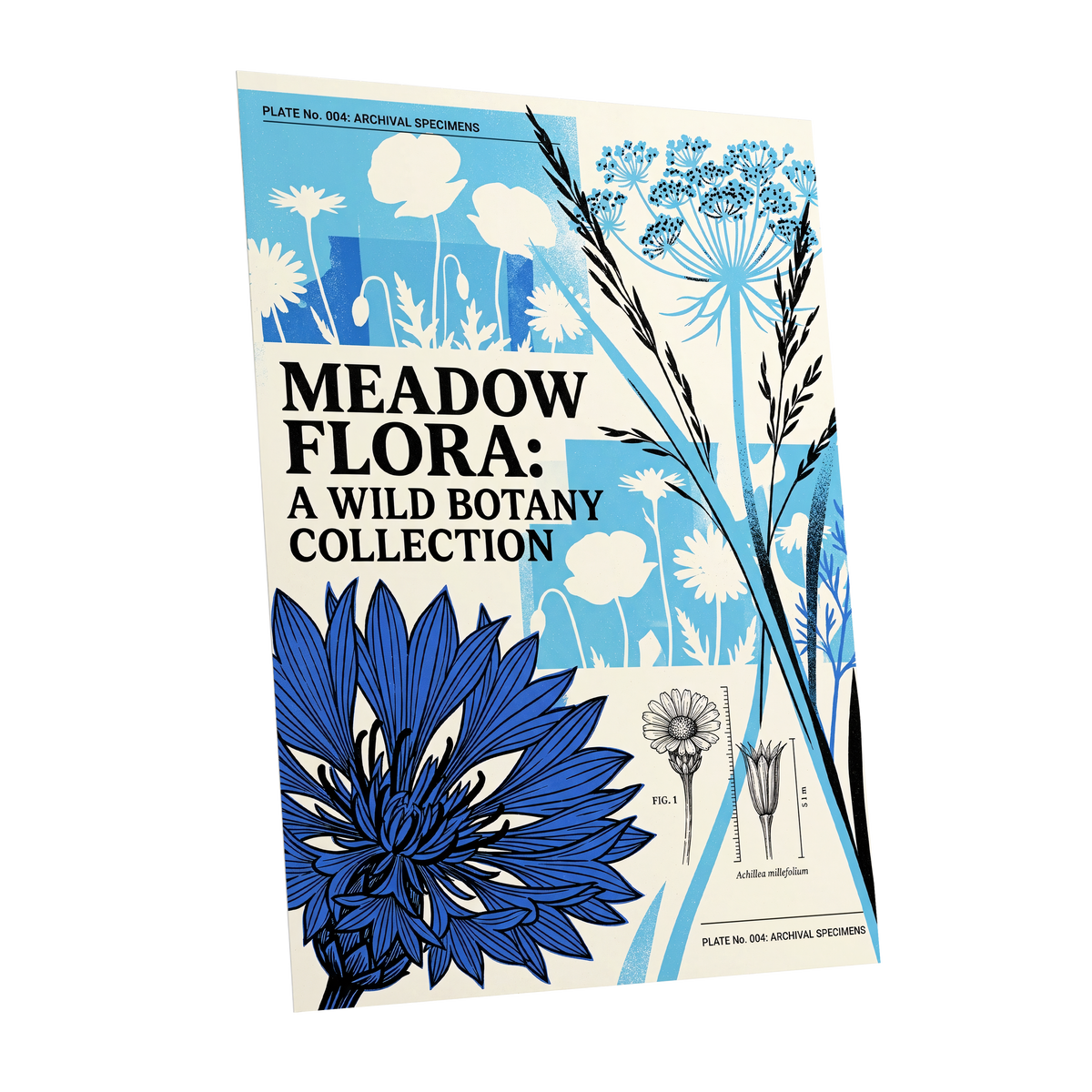 Meadow Archive, blue, black, beige floral wall art shown as a unframed poster wall art print