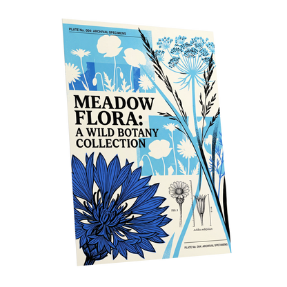 Meadow Archive, blue, black, beige floral wall art shown as a unframed poster wall art print