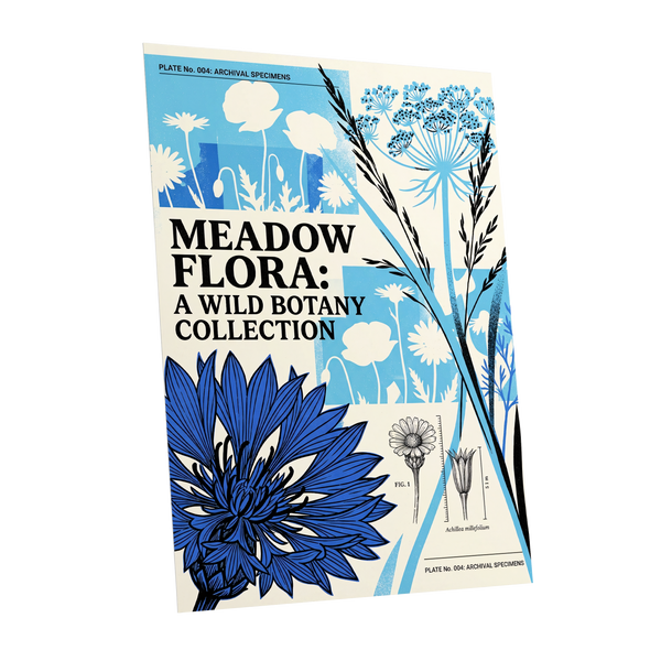 Meadow Archive, blue, black, beige floral wall art shown as a unframed poster wall art print