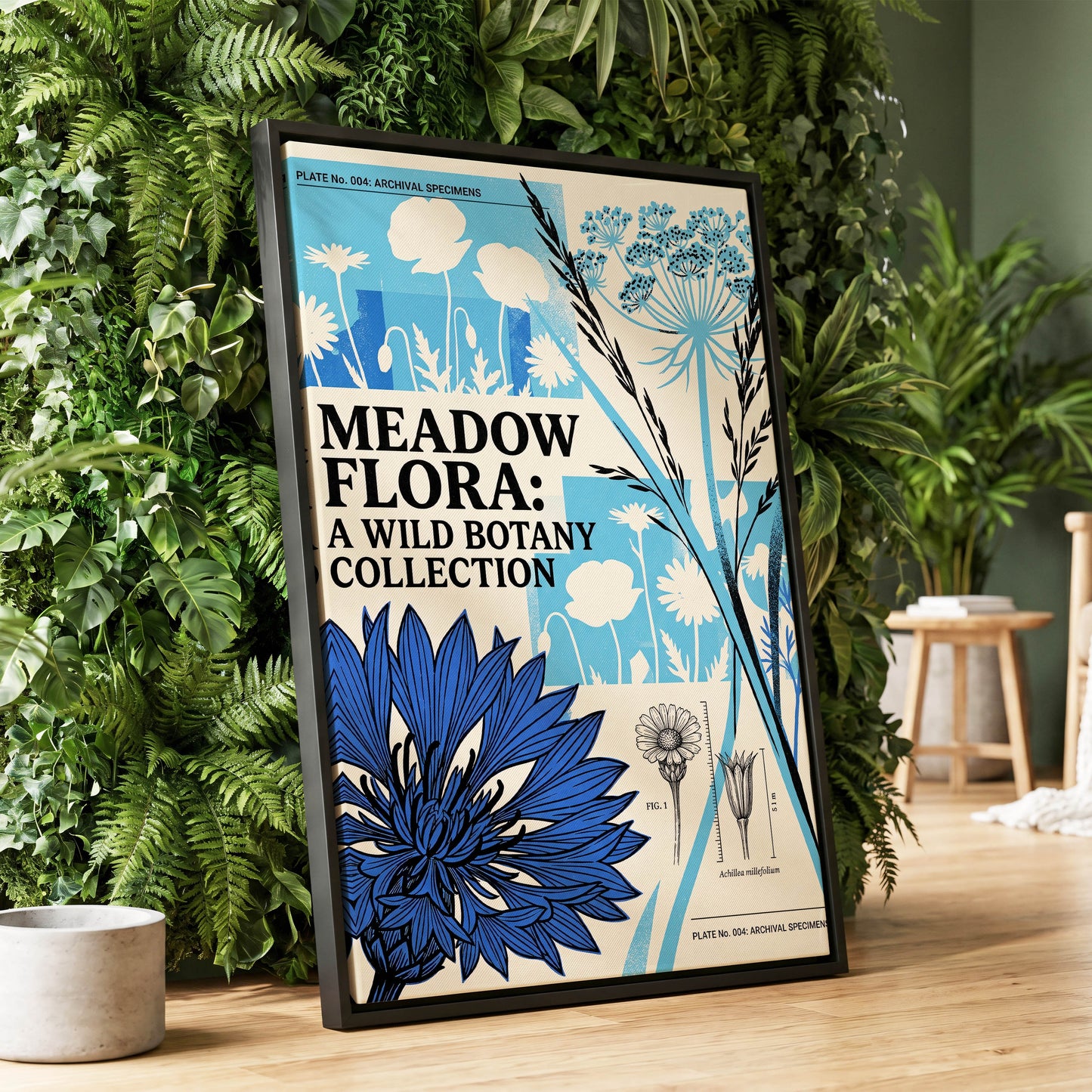 Meadow Archive, blue, black, beige floral wall art displayed in a styled interior, gallery view 1