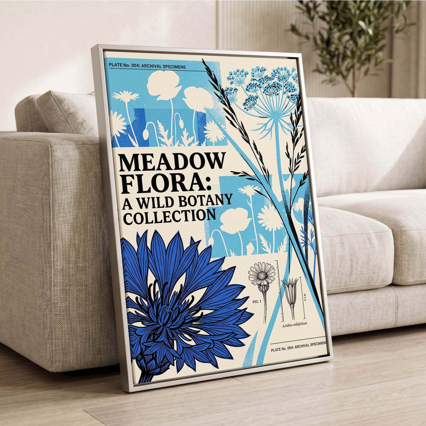 Meadow Archive, blue, black, beige floral wall art displayed in a styled interior, gallery view 2