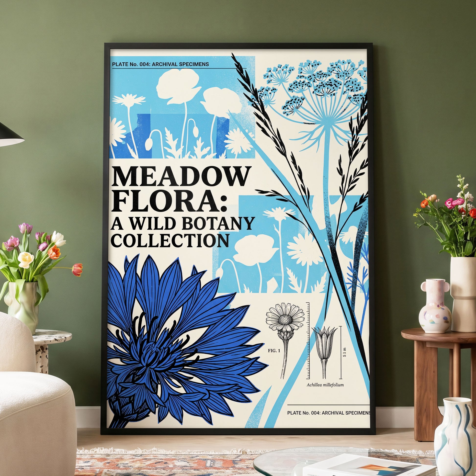 Meadow Archive, blue, black, beige floral wall art displayed in a styled interior, gallery view 4