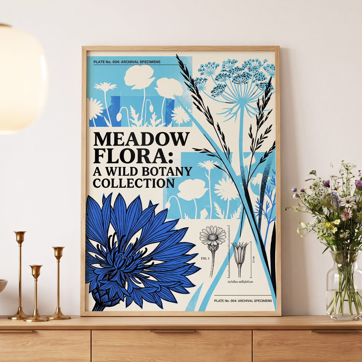 Meadow Archive, blue, black, beige floral wall art displayed in a styled interior, gallery view 5