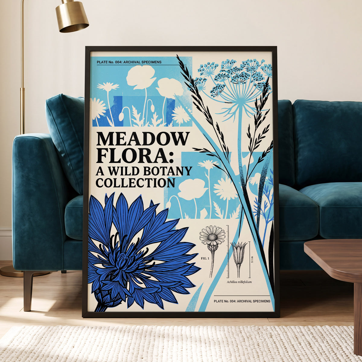 Meadow Archive, blue, black, beige floral wall art displayed in a styled interior, gallery view 6