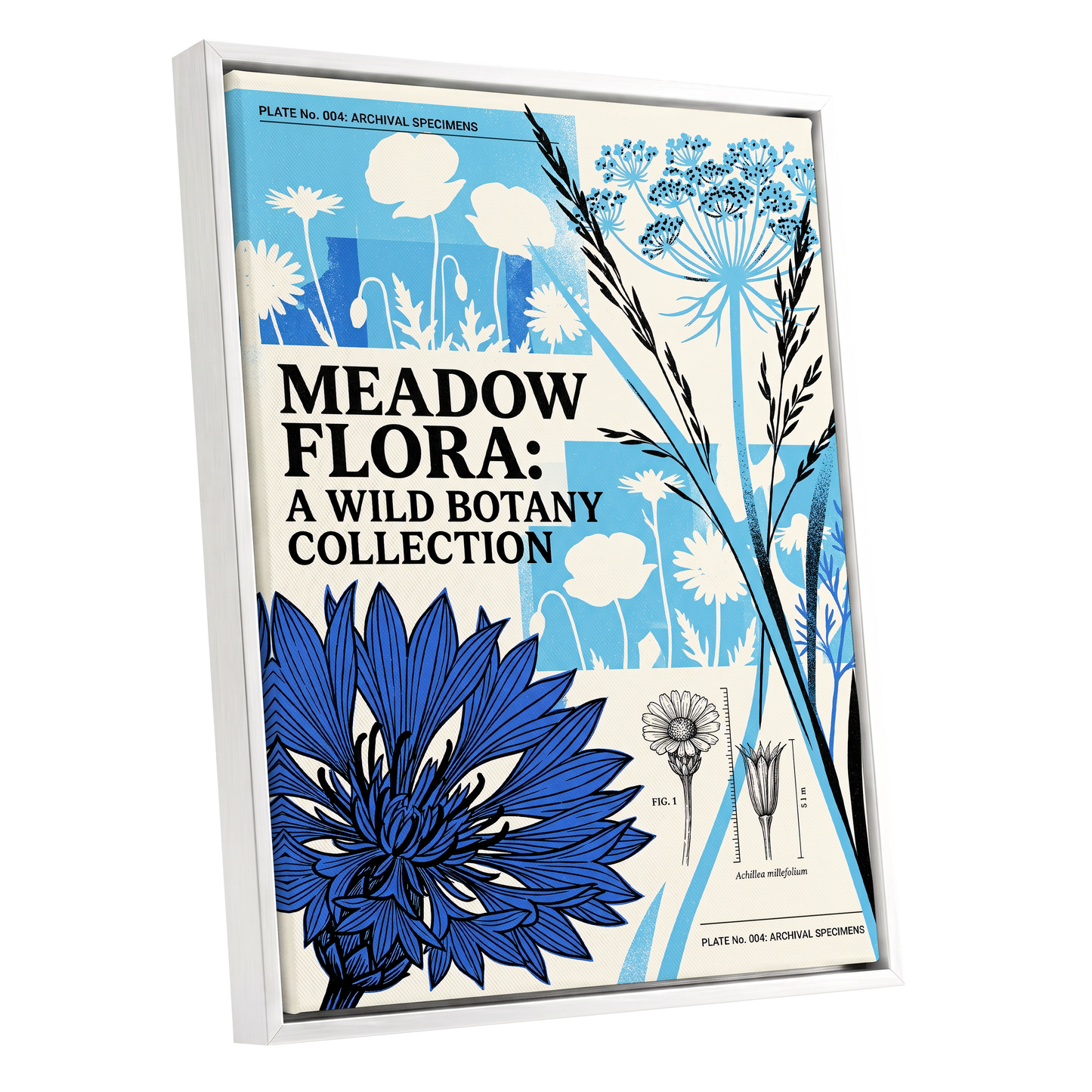 Meadow Archive, blue, black, beige floral wall art shown as a white framed canvas wall art