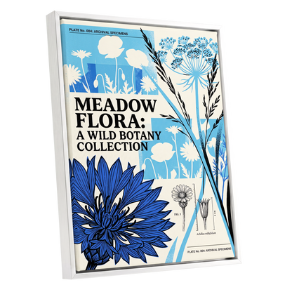 Meadow Archive, blue, black, beige floral wall art shown as a white framed canvas wall art