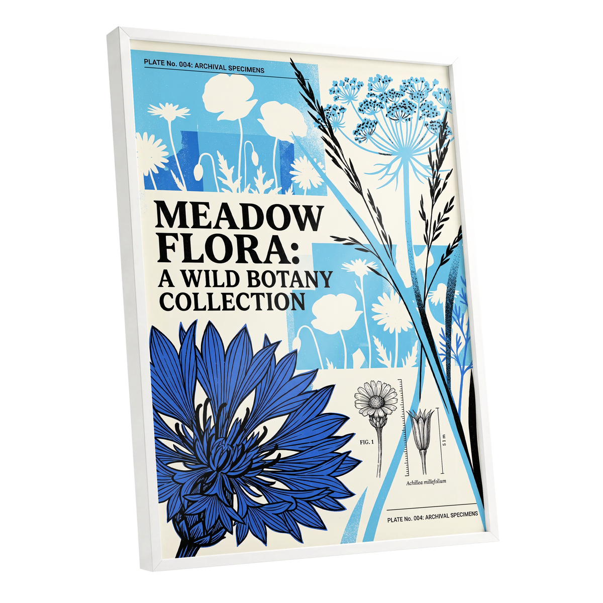 Meadow Archive, blue, black, beige floral wall art shown as a white framed poster wall art print