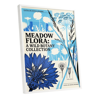 Meadow Archive, blue, black, beige floral wall art shown as a white framed poster wall art print