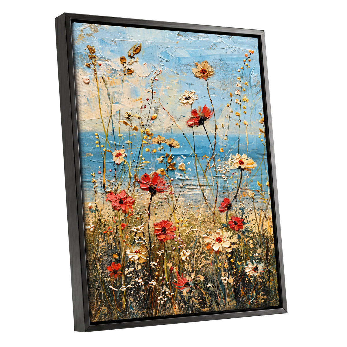 Meadow in Azure, blue, red, white floral wall art shown as a black framed canvas wall art