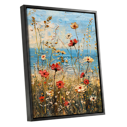 Meadow in Azure, blue, red, white floral wall art shown as a black framed canvas wall art
