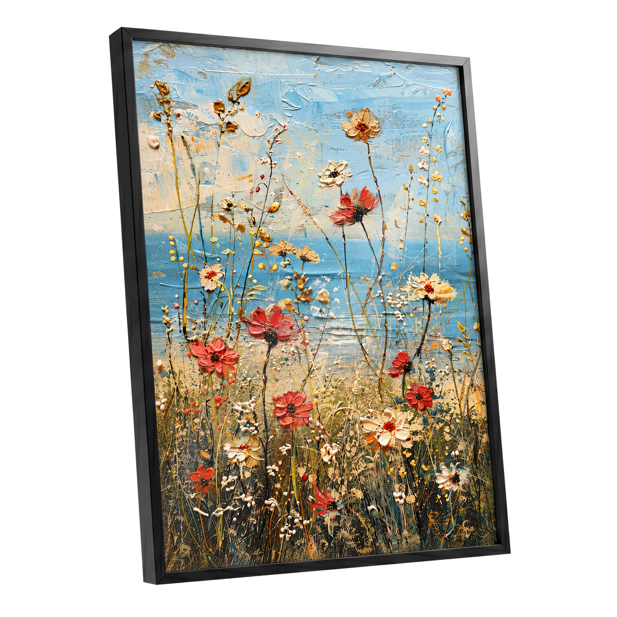 Meadow in Azure, blue, red, white floral wall art shown as a black framed poster wall art print