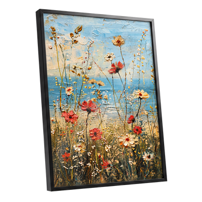 Meadow in Azure, blue, red, white floral wall art shown as a black framed poster wall art print