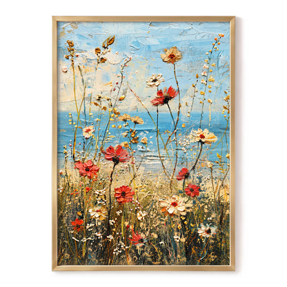 Meadow in Azure, blue, red, white floral wall art, front artwork view