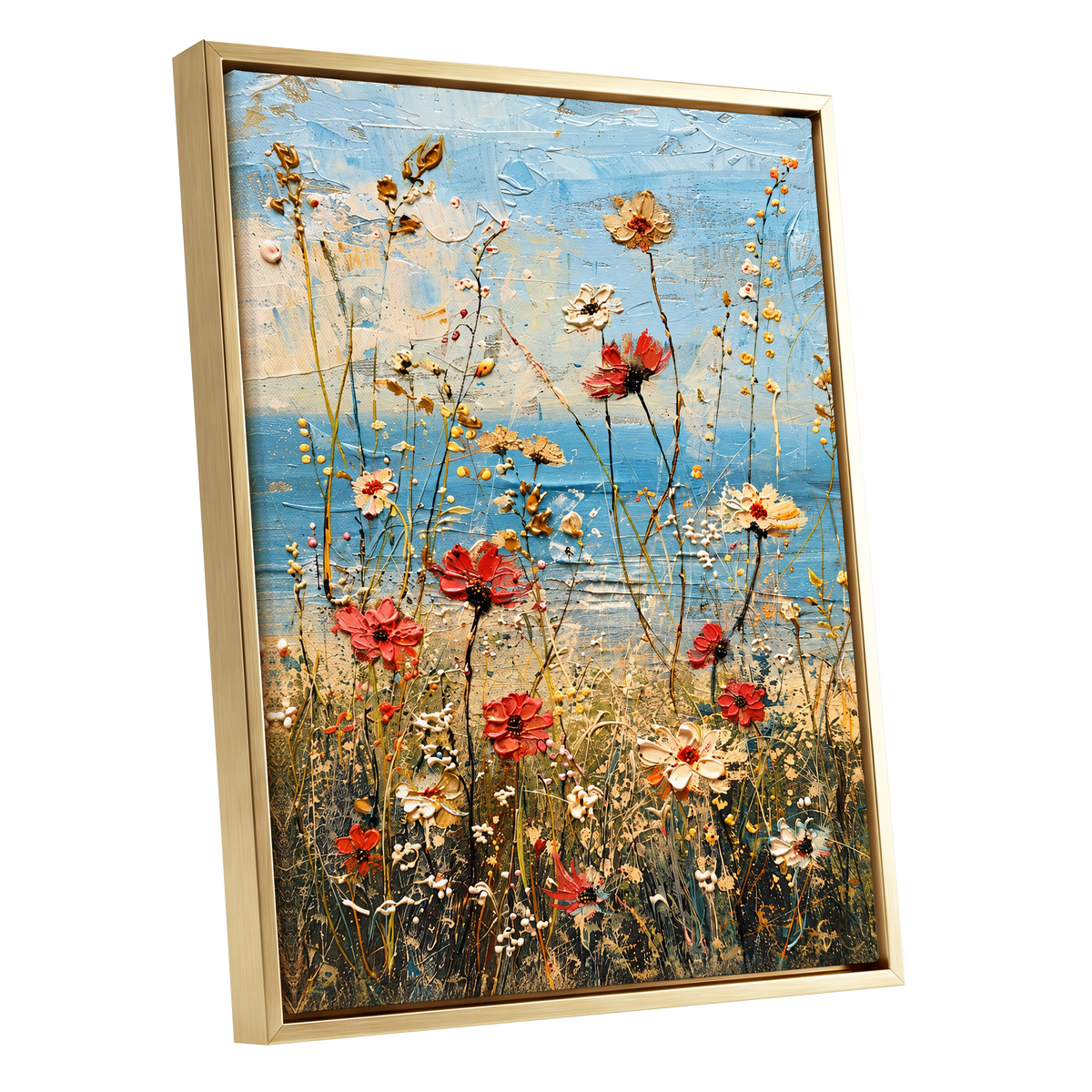 Meadow in Azure, blue, red, white floral wall art shown as a gold framed canvas wall art