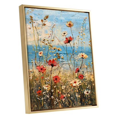 Meadow in Azure, blue, red, white floral wall art shown as a gold framed canvas wall art