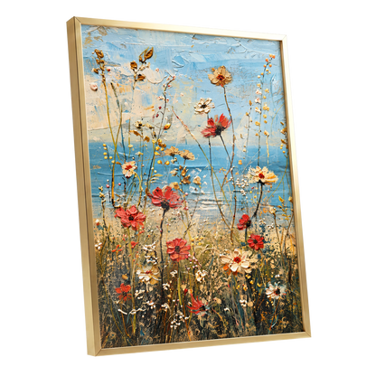Meadow in Azure, blue, red, white floral wall art shown as a gold framed poster wall art print