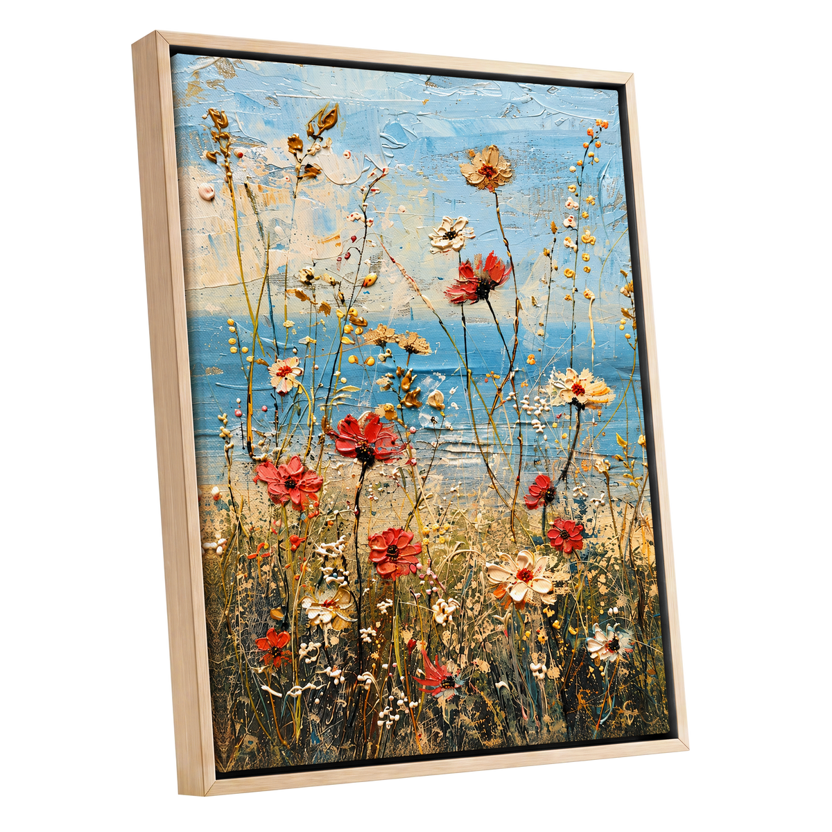 Meadow in Azure, blue, red, white floral wall art shown as a oak framed canvas wall art