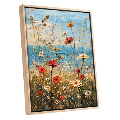 Meadow in Azure, blue, red, white floral wall art shown as a oak framed canvas wall art