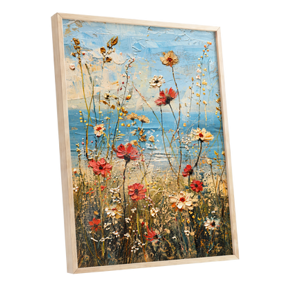 Meadow in Azure, blue, red, white floral wall art shown as a oak framed poster wall art print