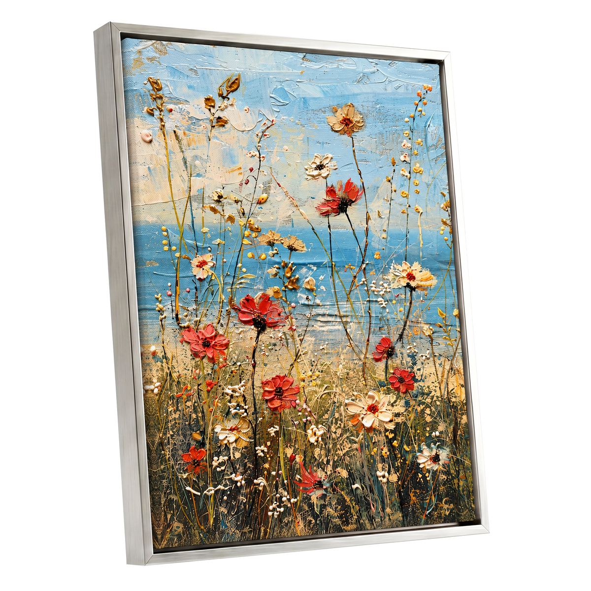 Meadow in Azure, blue, red, white floral wall art shown as a silver framed canvas wall art