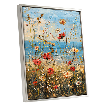 Meadow in Azure, blue, red, white floral wall art shown as a silver framed canvas wall art