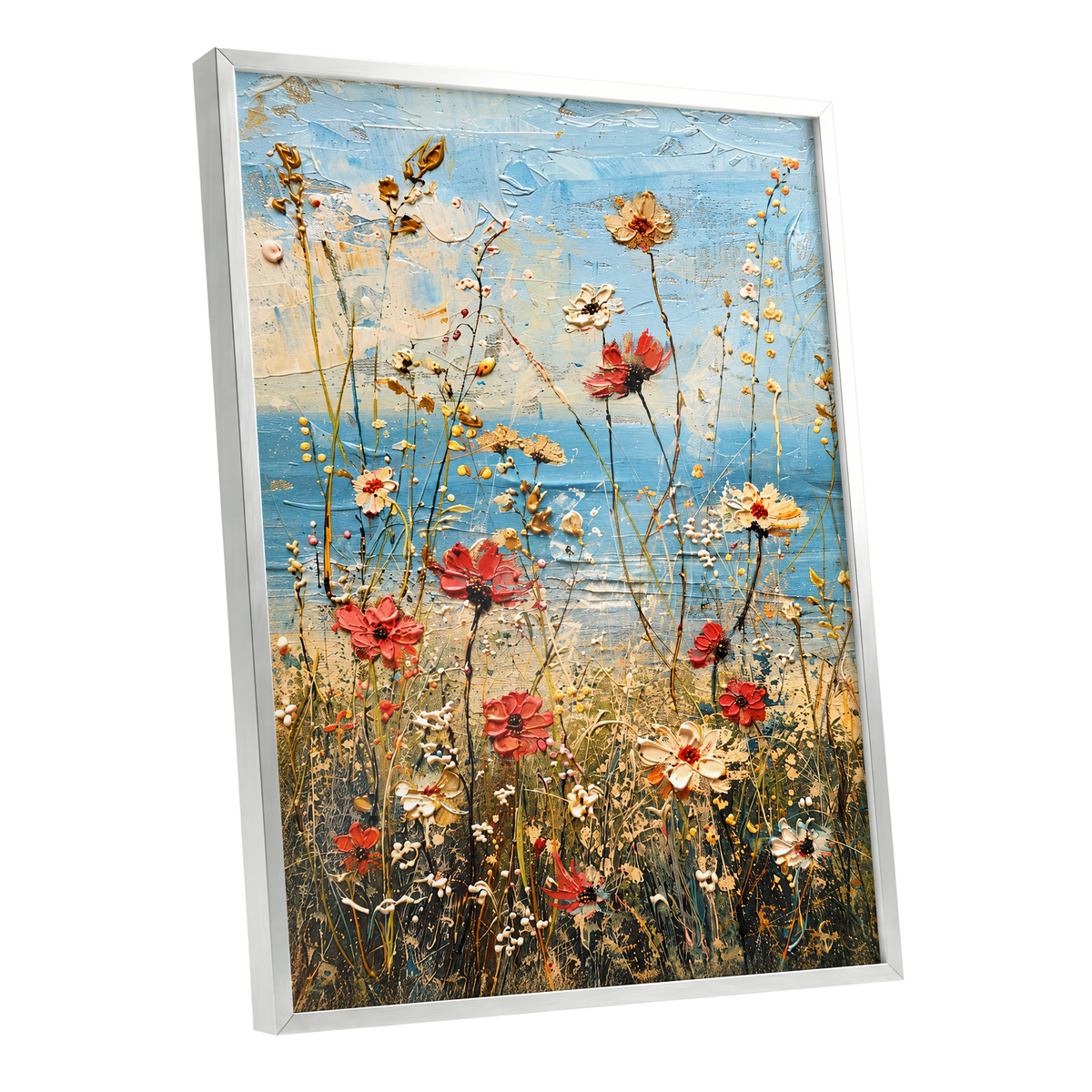 Meadow in Azure, blue, red, white floral wall art shown as a silver framed poster wall art print
