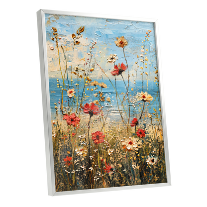 Meadow in Azure, blue, red, white floral wall art shown as a silver framed poster wall art print