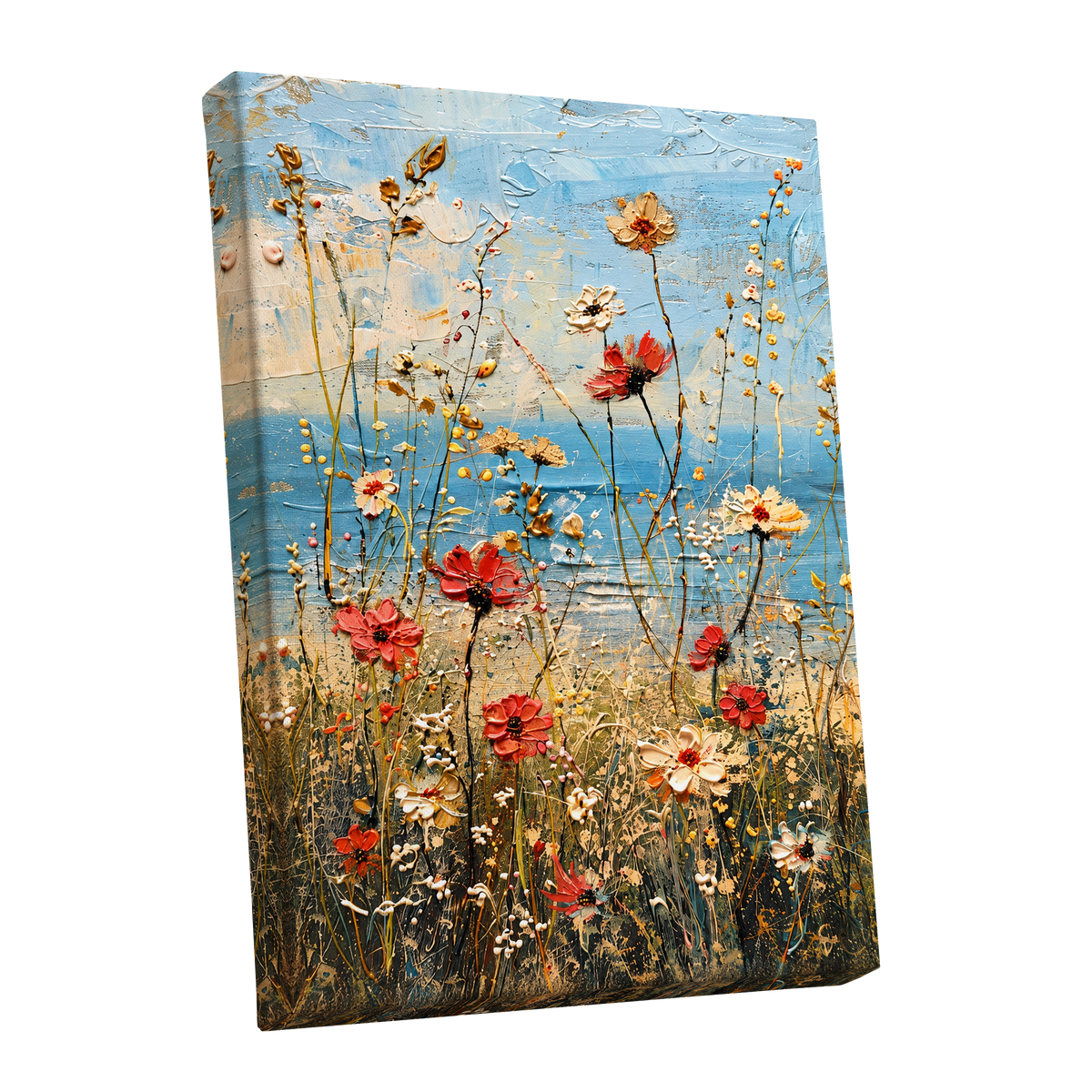Meadow in Azure, blue, red, white floral wall art shown as a stretched canvas wall art