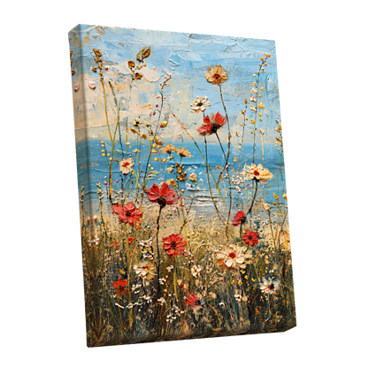 Meadow in Azure, blue, red, white floral wall art shown as a stretched canvas wall art