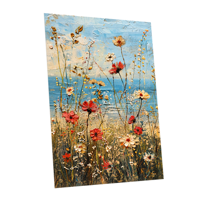 Meadow in Azure, blue, red, white floral wall art shown as a unframed poster wall art print