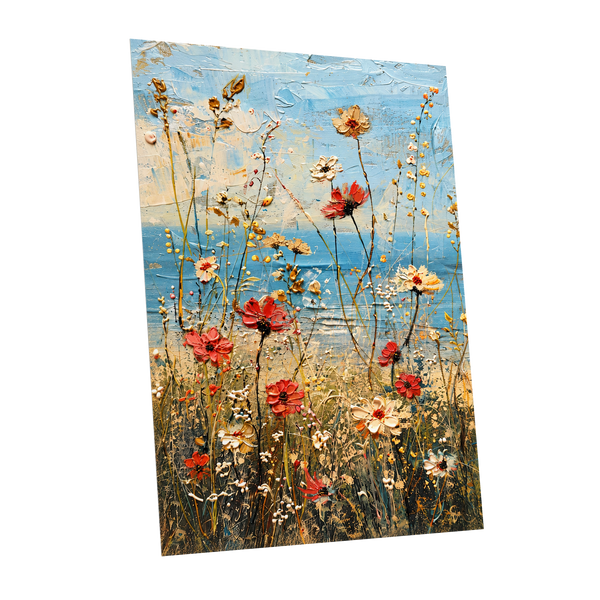 Meadow in Azure, blue, red, white floral wall art shown as a unframed poster wall art print