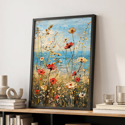 Meadow in Azure, blue, red, white floral wall art displayed in a styled interior, gallery view 2