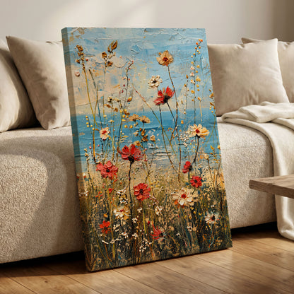 Meadow in Azure, blue, red, white floral wall art displayed in a styled interior, gallery view 3