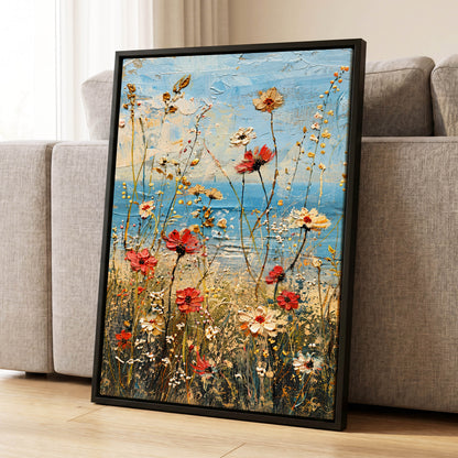 Meadow in Azure, blue, red, white floral wall art displayed in a styled interior, gallery view 4
