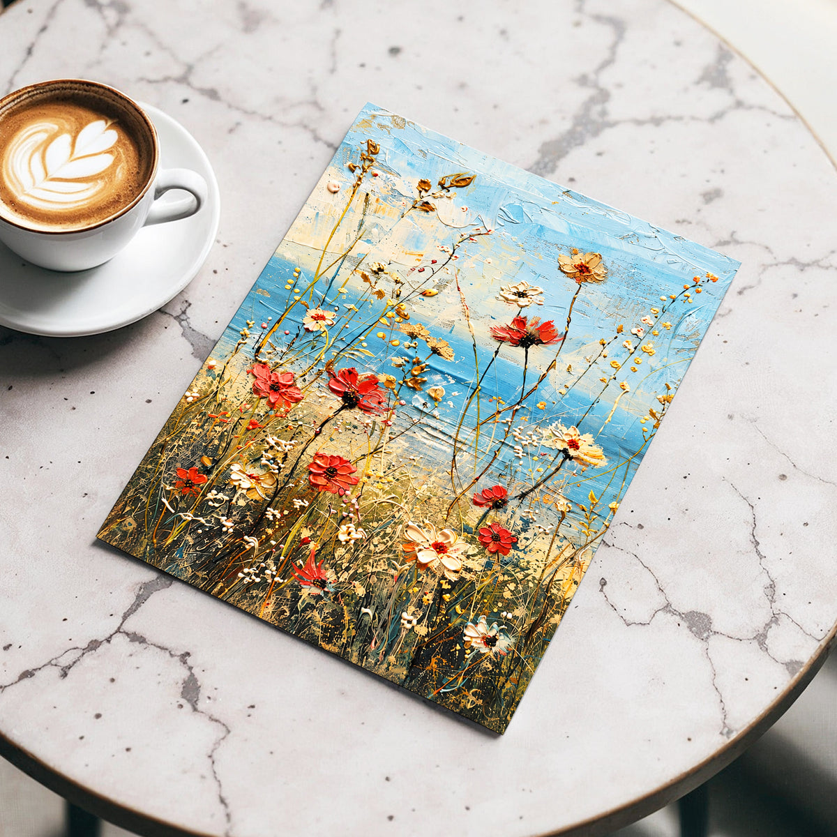 Meadow in Azure, blue, red, white floral wall art displayed in a styled interior, gallery view 5