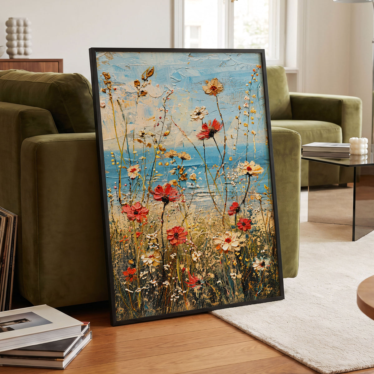 Meadow in Azure, blue, red, white floral wall art displayed in a styled interior, gallery view 6