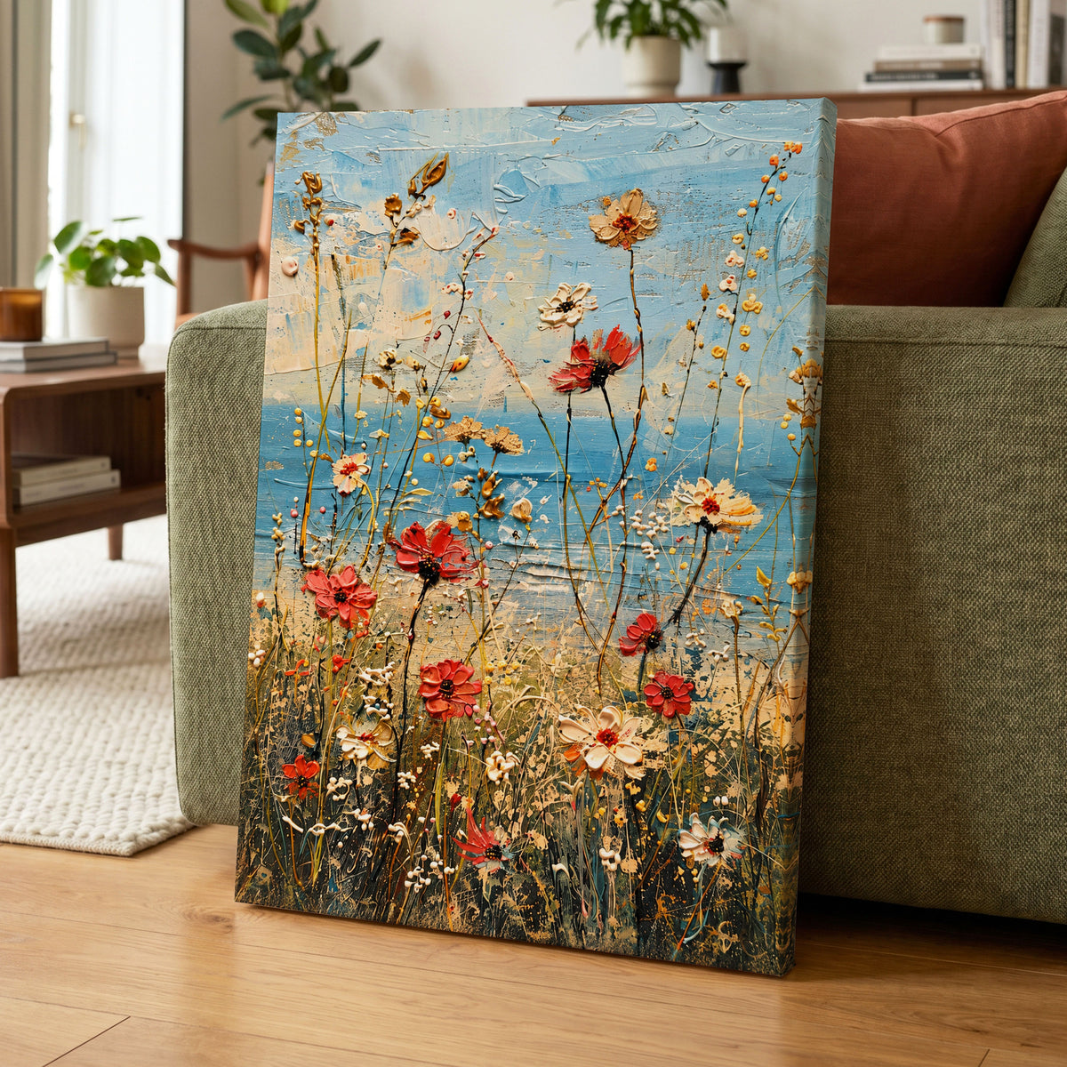 Meadow in Azure, blue, red, white floral wall art displayed in a styled interior, gallery view 7