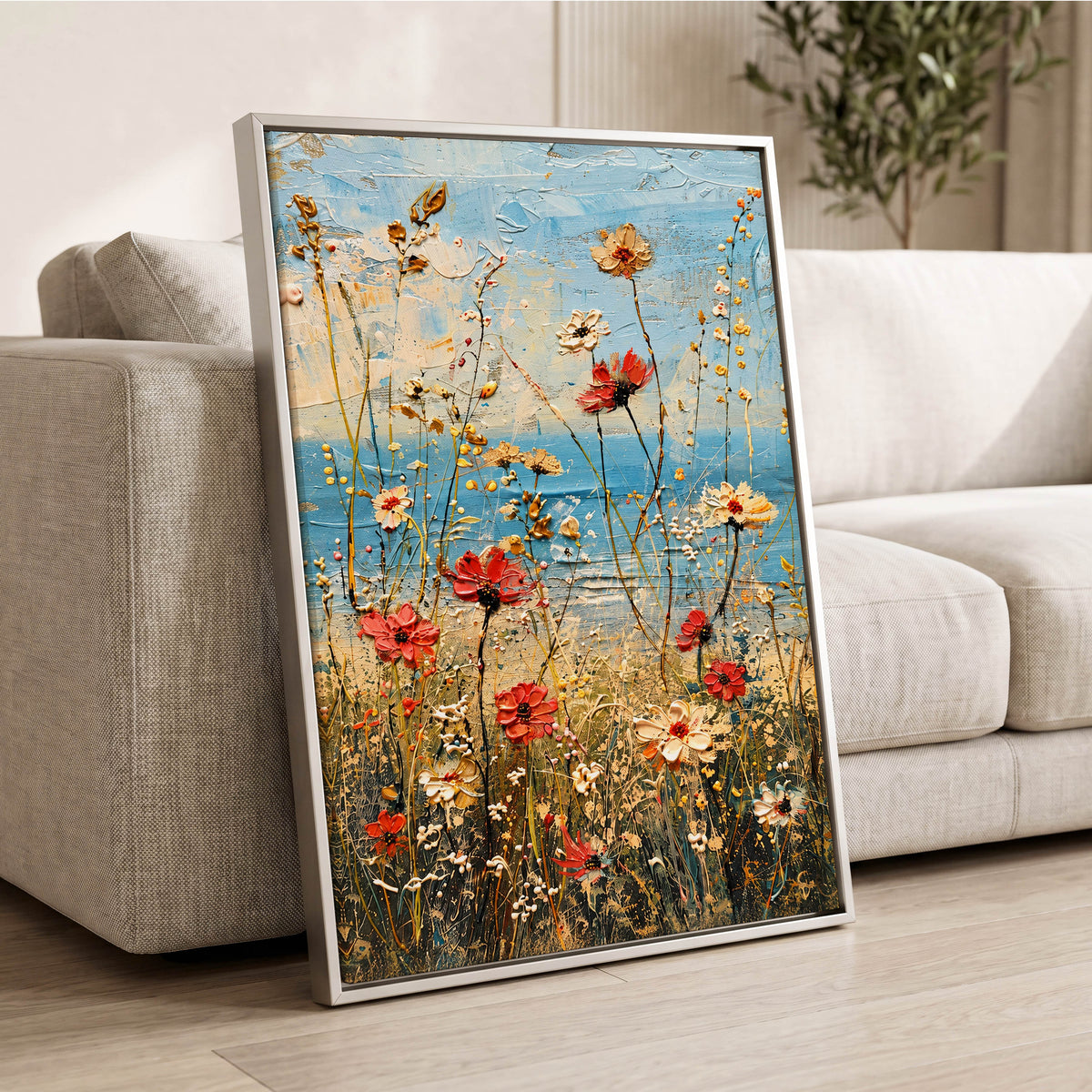 Meadow in Azure, blue, red, white floral wall art displayed in a styled interior, gallery view 8