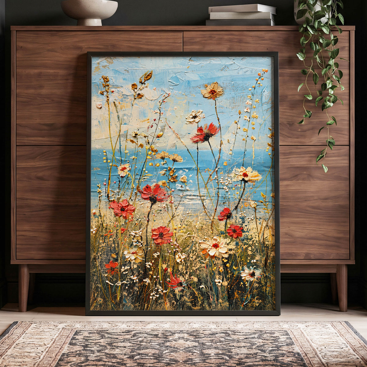 Meadow in Azure, blue, red, white floral wall art displayed in a styled interior, gallery view 9