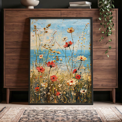 Meadow in Azure, blue, red, white floral wall art displayed in a styled interior, gallery view 9