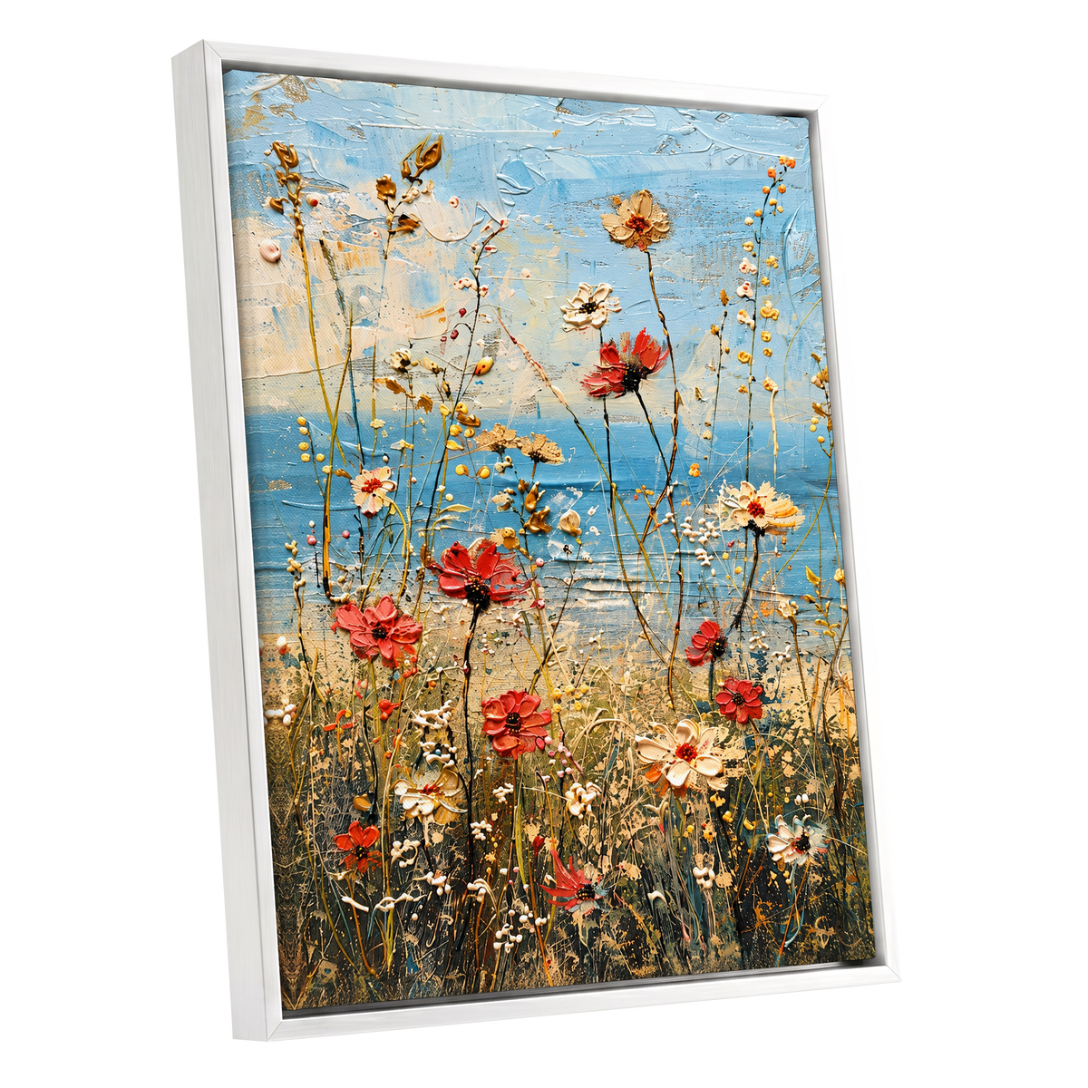 Meadow in Azure, blue, red, white floral wall art shown as a white framed canvas wall art