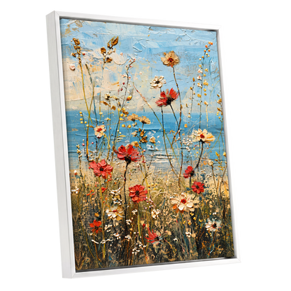 Meadow in Azure, blue, red, white floral wall art shown as a white framed canvas wall art