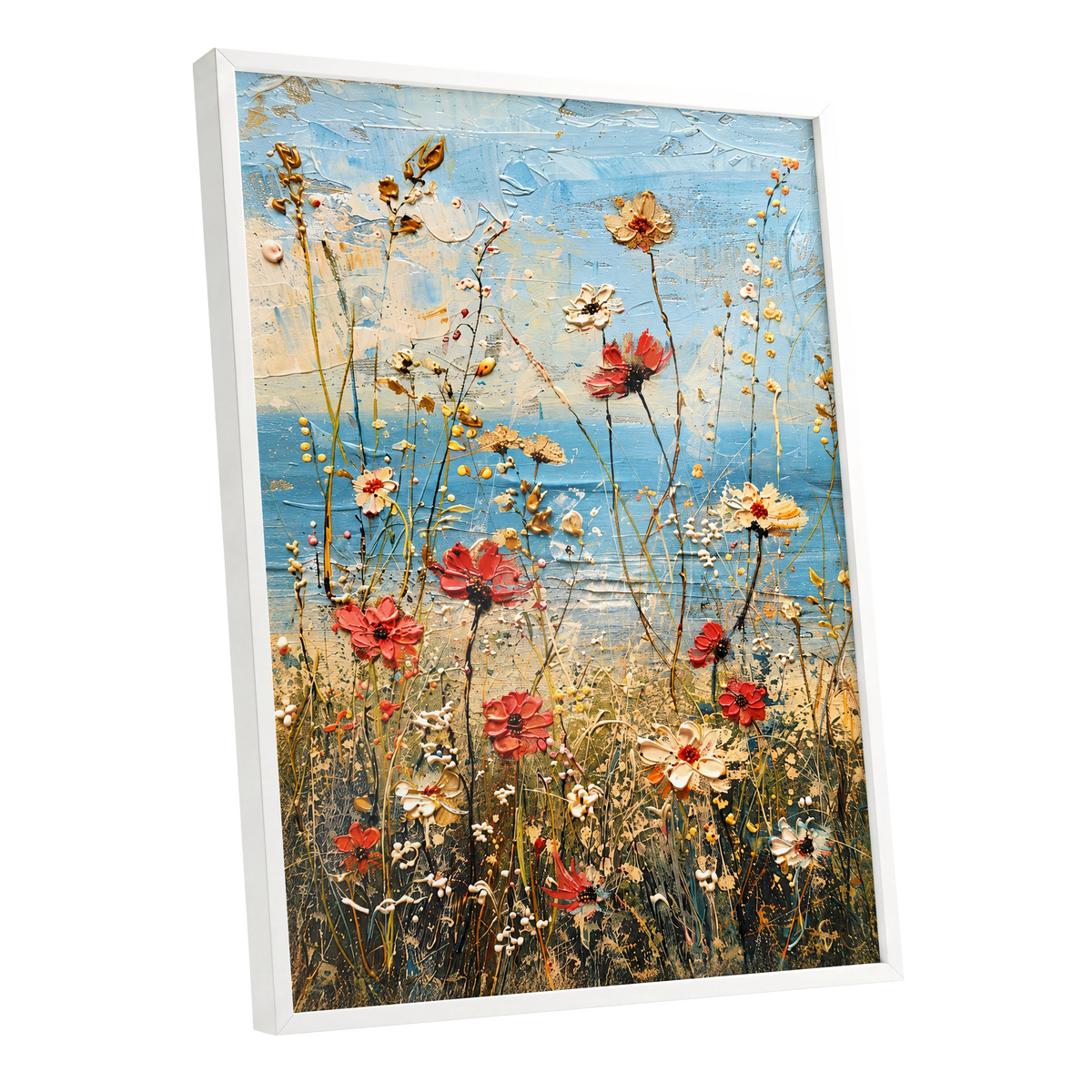 Meadow in Azure, blue, red, white floral wall art shown as a white framed poster wall art print