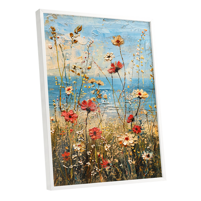 Meadow in Azure, blue, red, white floral wall art shown as a white framed poster wall art print