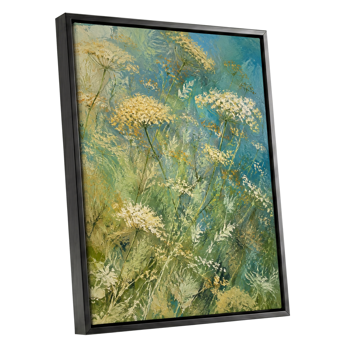 Meadow in Blue, blue, green, beige floral wall art shown as a black framed canvas wall art