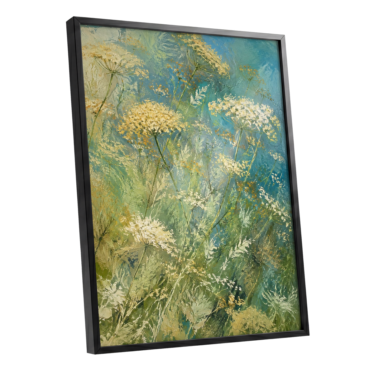 Meadow in Blue, blue, green, beige floral wall art shown as a black framed poster wall art print