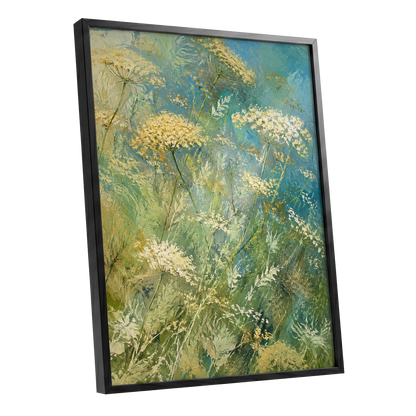 Meadow in Blue, blue, green, beige floral wall art shown as a black framed poster wall art print
